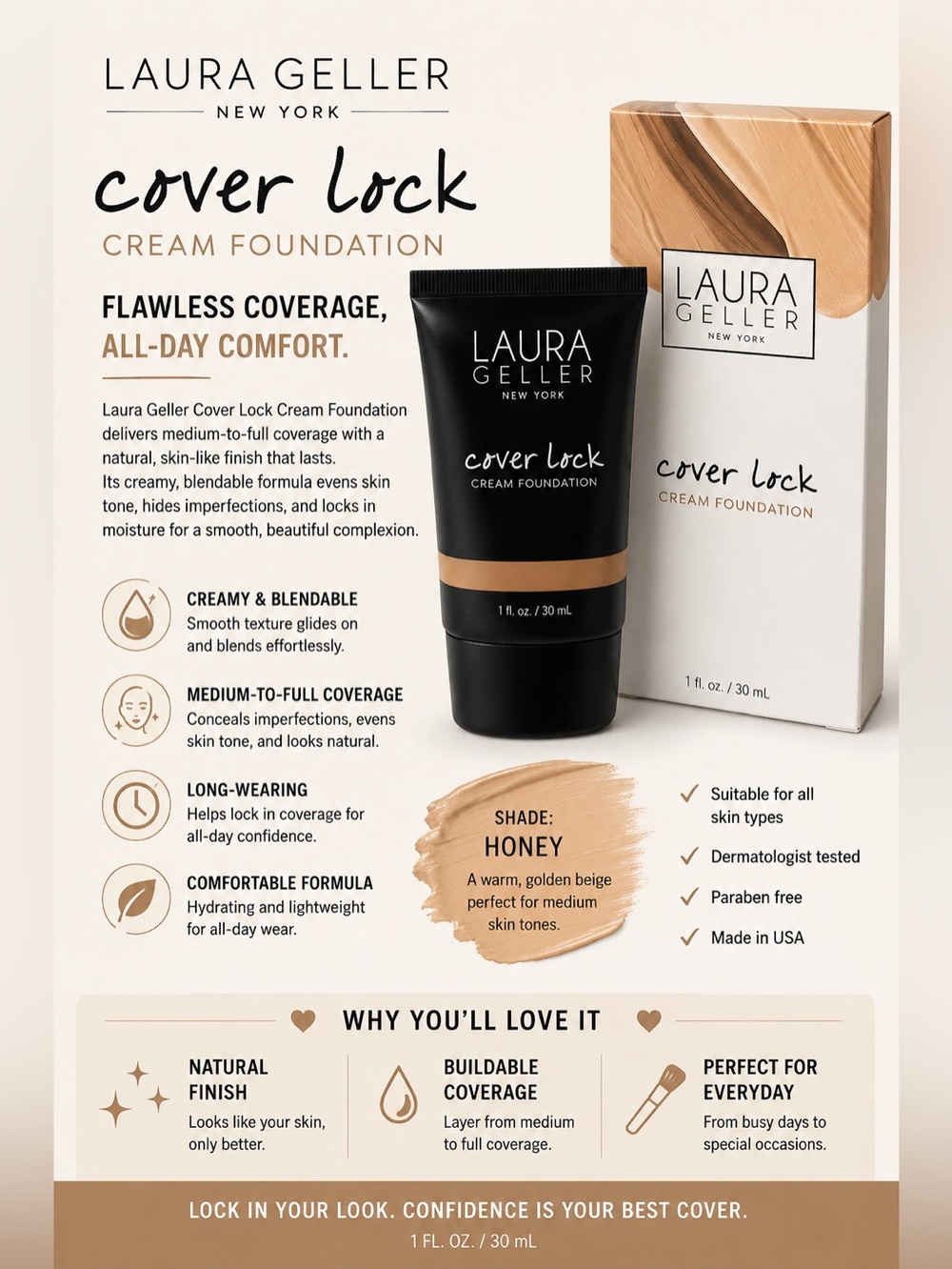 Laura Geller Cover Lock Cream Foundation - Honey (Warm Golden Beige)